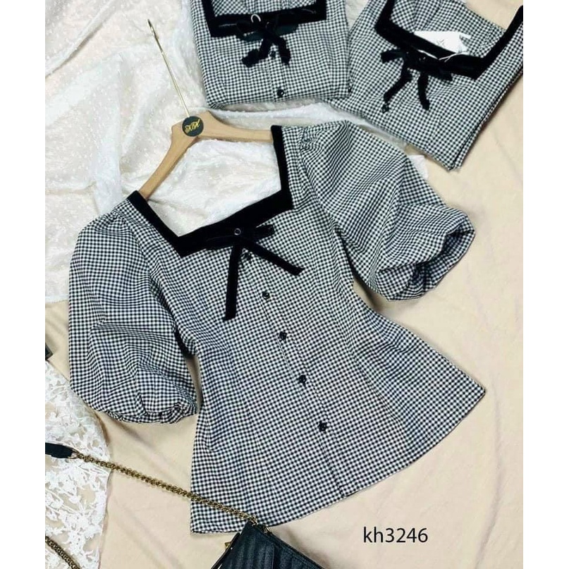 ÁO CARO KIỂU VIỀN NƠ TAY LỠ BY ROSE