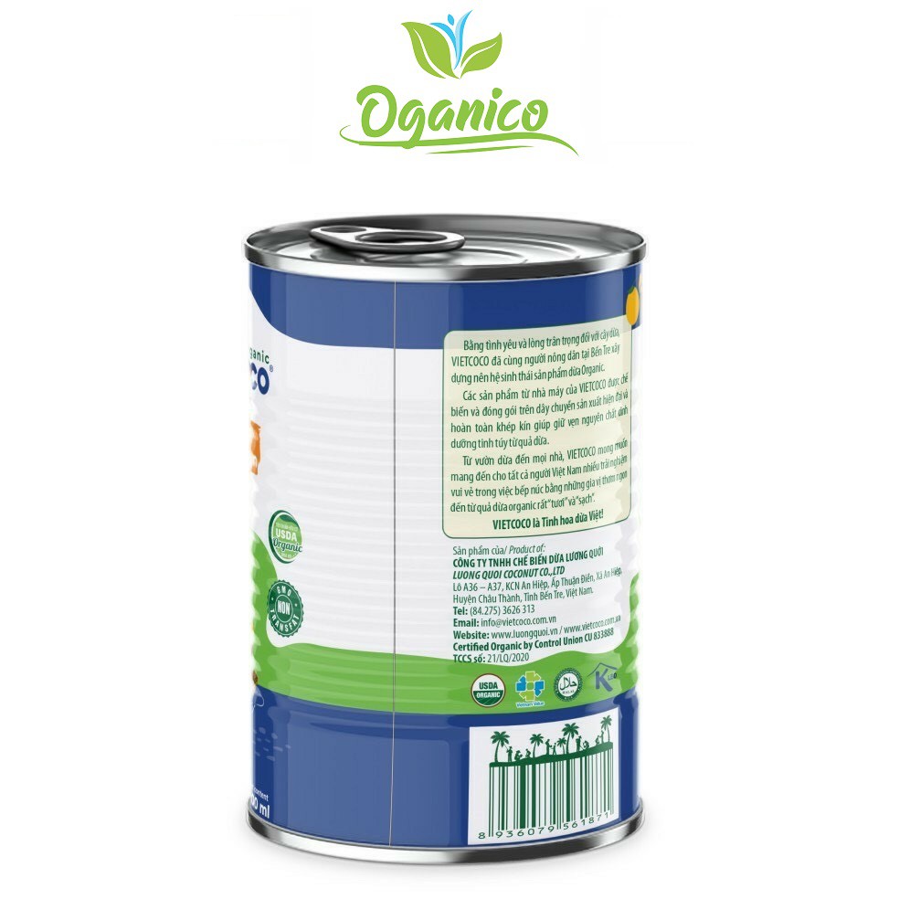 Nước cốt dừa Hữu cơ Vietcoco đóng hộp lon dung tích 400 ml ăn Keto, ăn chè, kho thịt - Organic Coconut Cream OGANICO 22