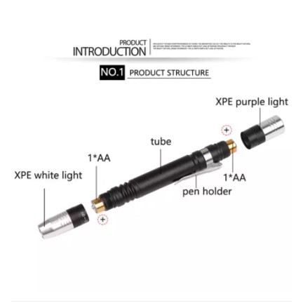 Đèn pin led 2 đầu Ánh Sáng Trắng và Tia Cực Tím XPE dùng 2 pin AAA, kiểu Cây Bút