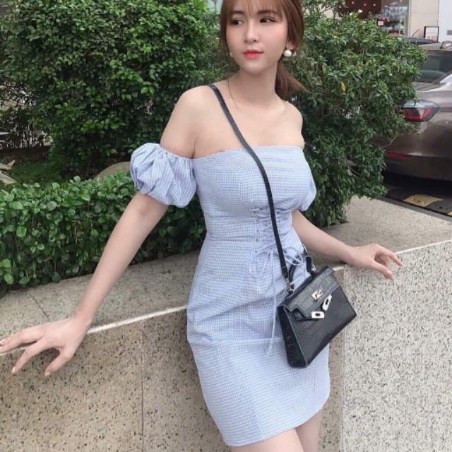ĐẦM BẸT VAI CARO ĐAN DÂY EO