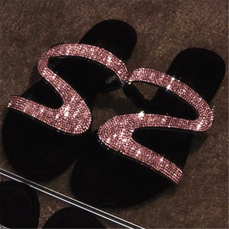 Giày Sandal Xỏ Ngón Nữ Đế Bệt Đính Đá Pha Lê