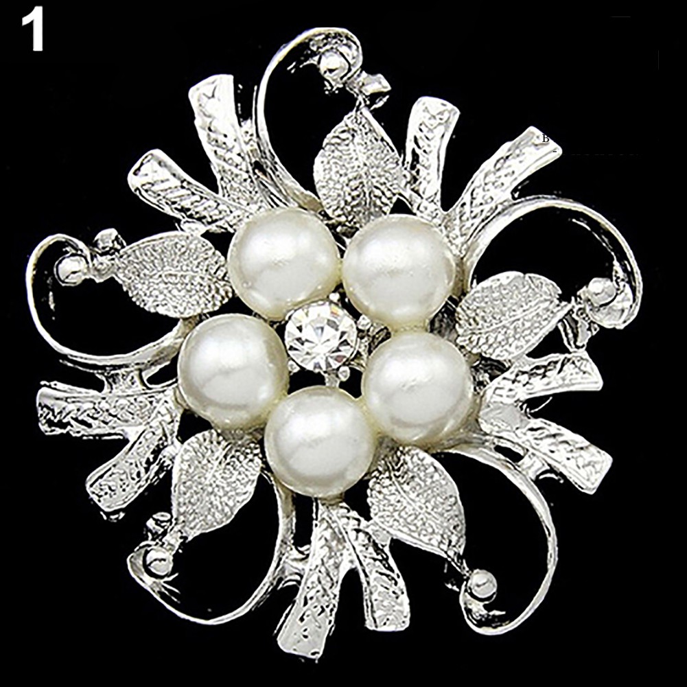 【NEW】Flower Brooch Pin Rhinestone Crystal Faux Pearl Bouquet Bridal Wedding Jewelry