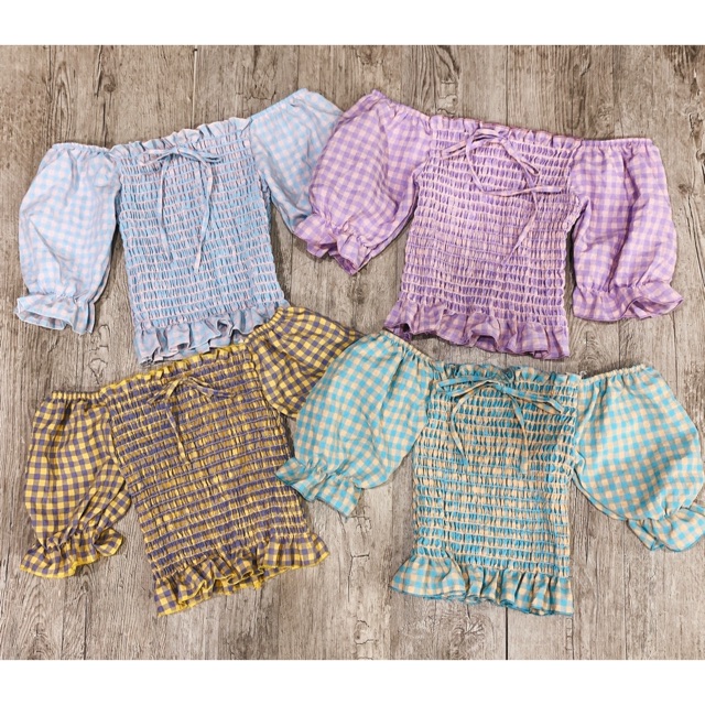 áo bẹt vai caro nhún form croptop hàng chuẩn qc siêu xinh