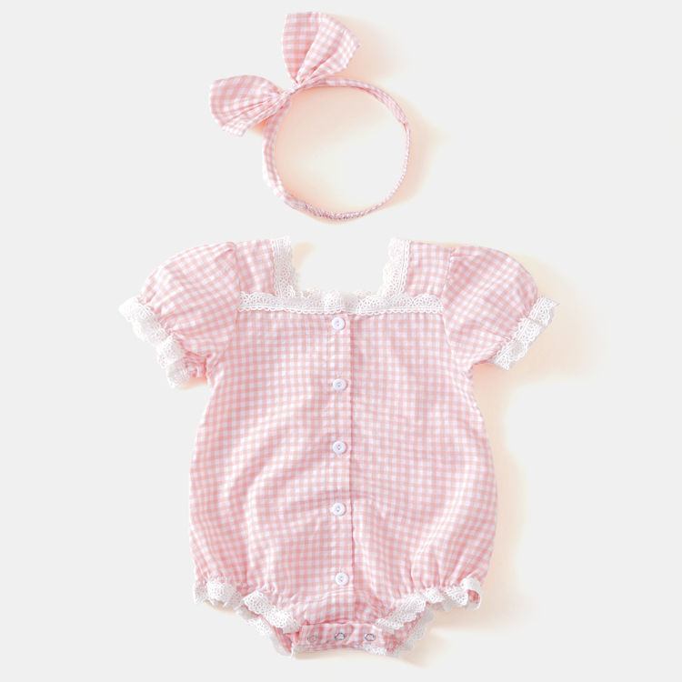 Áo Liền Quần + Băng Đô Vải Caro Cho Bé Mới Sinh