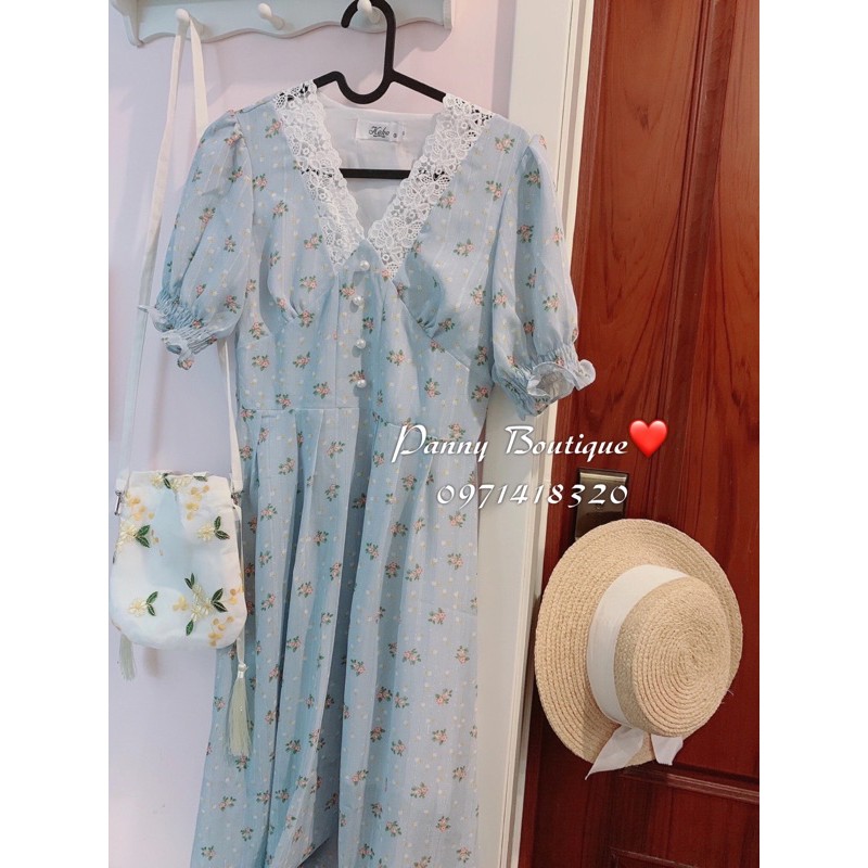 [Order có ảnh thật] Váy hoa nhí cổ V phối ren tay nhún nút ngọc 🌟, style ulzzang Hàn Quốc 🌻 Panny Boutique 🌻