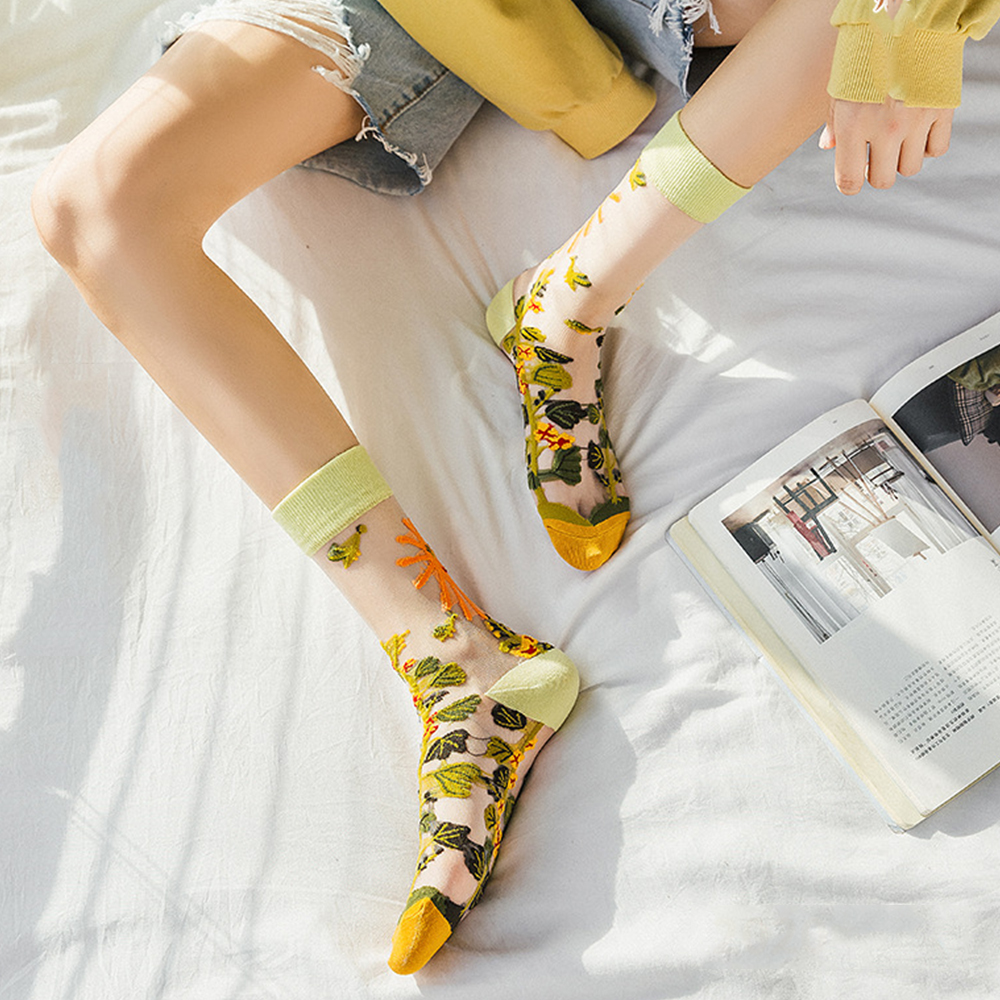 Tất lưới sợi lụa thủy tinh thêu họa tiết hoa phong cách mùa xuân