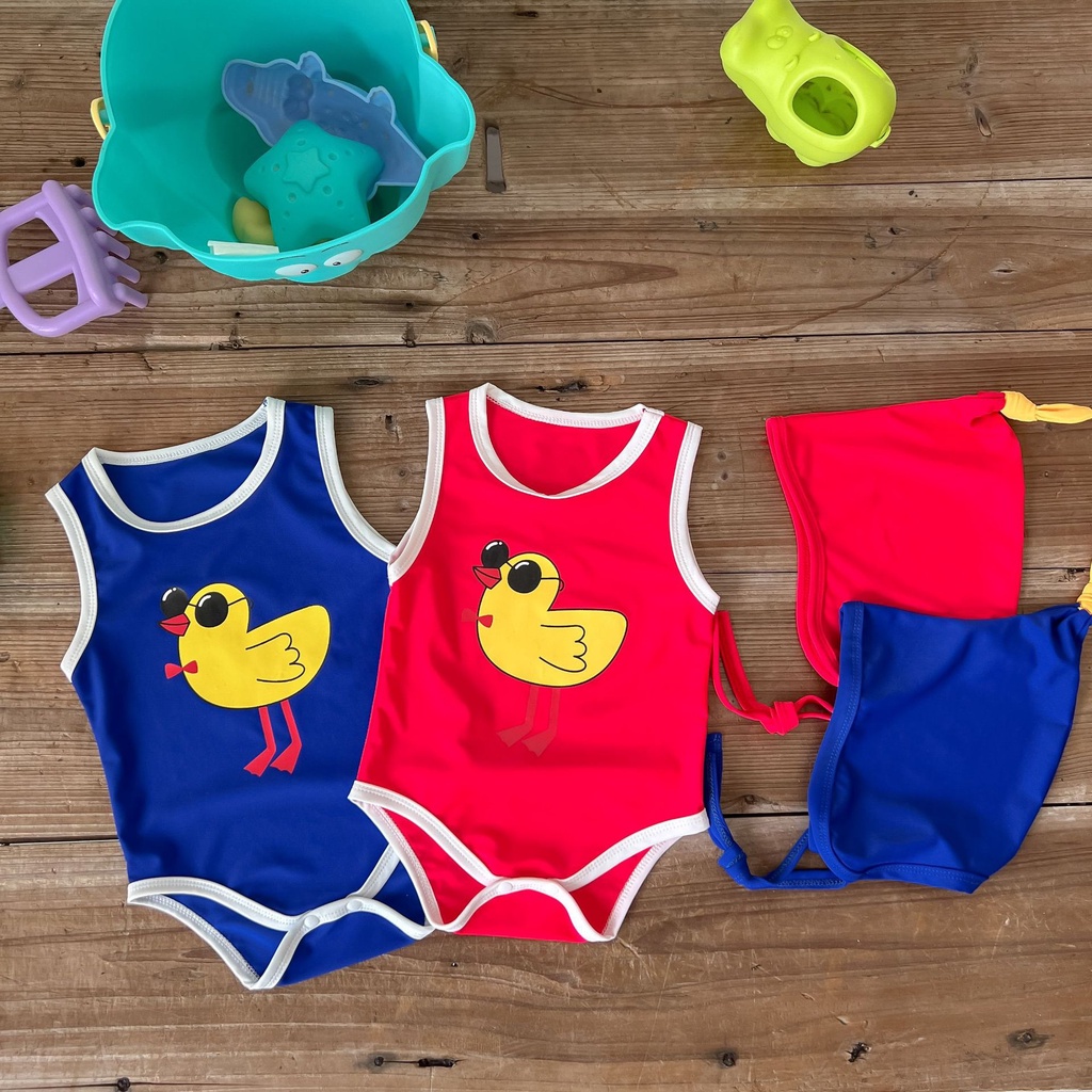 Bộ Áo Liền Quần Sát Nách In Hình Chú Vịt Hoạt Hình Kèm Nón Cho Bé 0-3 Tuổi