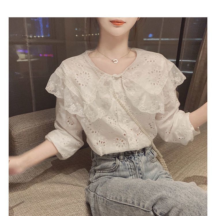 Áo sơ mi cổ búp bê phối ren màu trắng ngọt ngào phong cách Hàn Quốc thời trang mùa xuân mới cho nữ 2021 | BigBuy360 - bigbuy360.vn