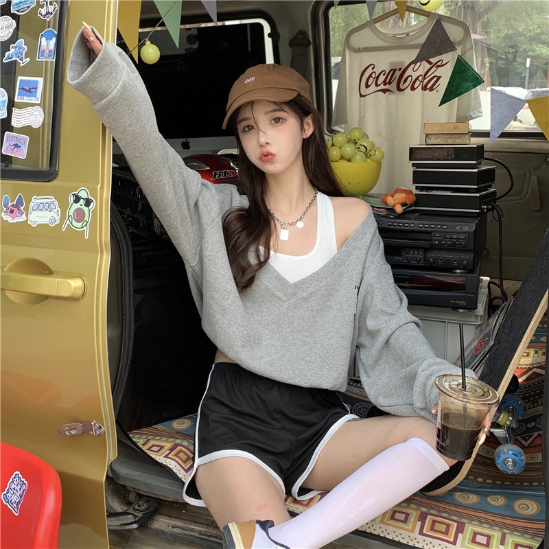 COZOK Áo sweater tay dài dáng rộng giả hai lớp thời trang Hàn Quốc