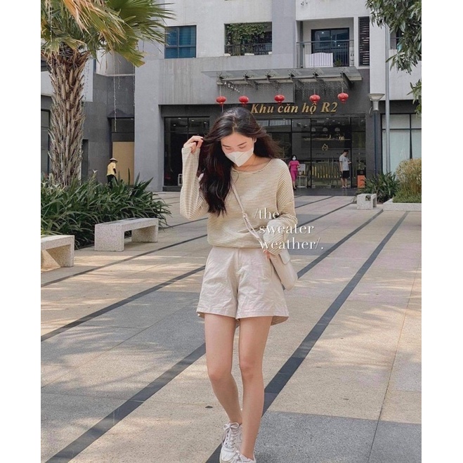 Set quần áo PHULA nữ 🌸 Set bộ áo dài tay kẻ ngang da cá và quần đùi short kaki be dành cho nữ