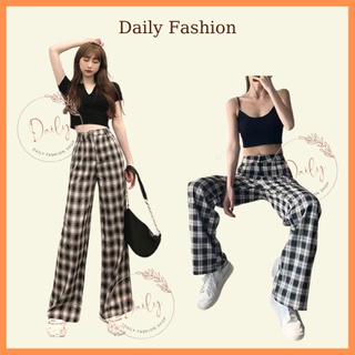 Quần Kẻ Caro Trắng Đen Dáng Suông Ống Rộng Lưng Cao Trẻ Trung Năng Động Daily