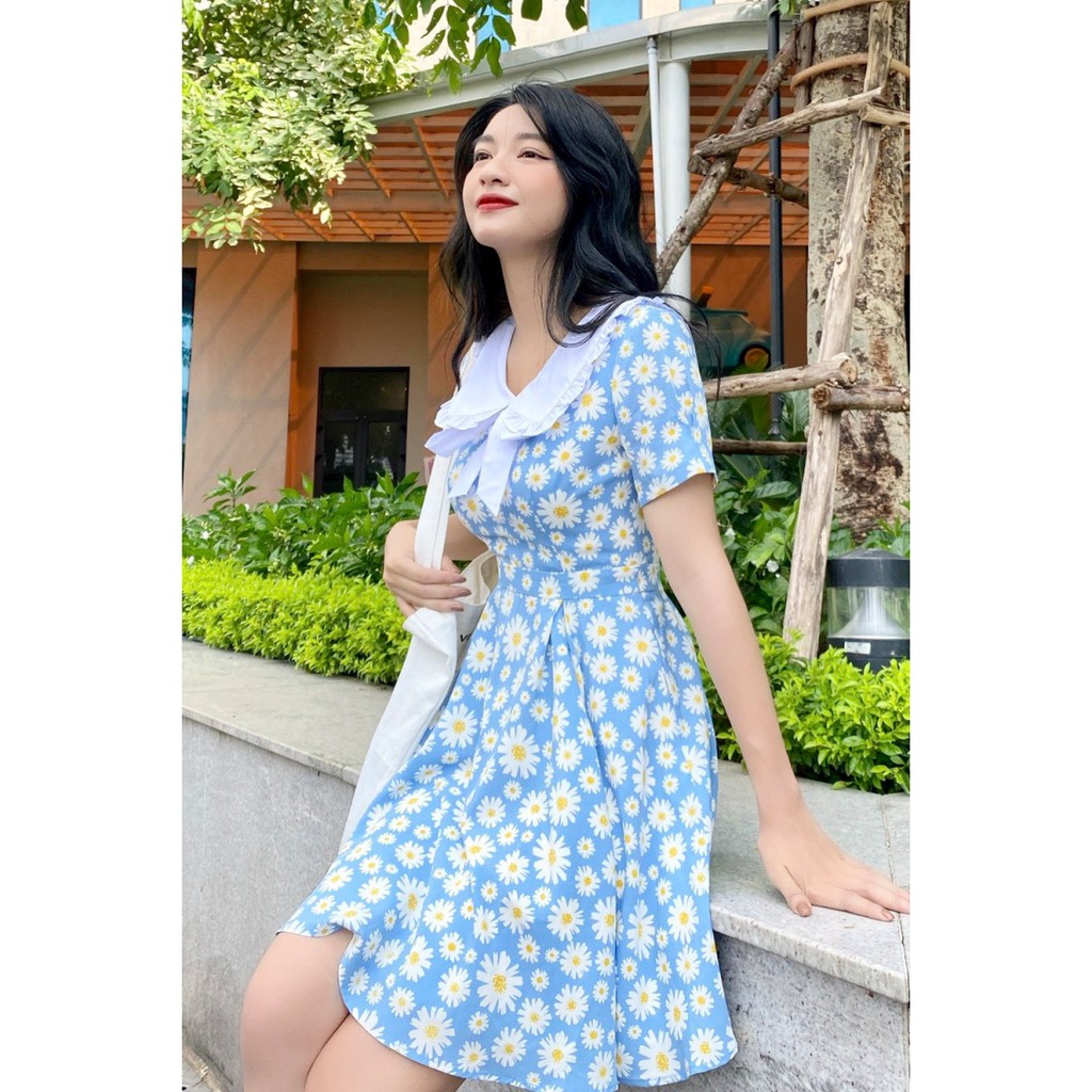 [Mã WABRWA15 giảm 15% đơn 300K] Đầm xòe họa tiết hoa hướng dương tay ngắn đính nơ cổ 20AGIAN DEW0438 | BigBuy360 - bigbuy360.vn
