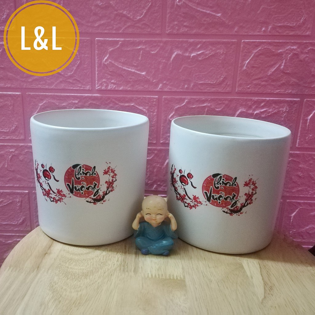 Chậu Decal BÌNH AN Trồng Cây Để Bàn - Chậu Sứ Bát Tràng trồng cây cảnh để bàn, cây trang trí