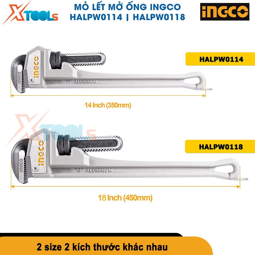 Mỏ lết mở ống chuyên dụng INGCO size 14-18&quot;(350-450mm) tay cầm nhôm, răng được rèn thép carbon [CHÍNH HÃNG][XTOOLS]