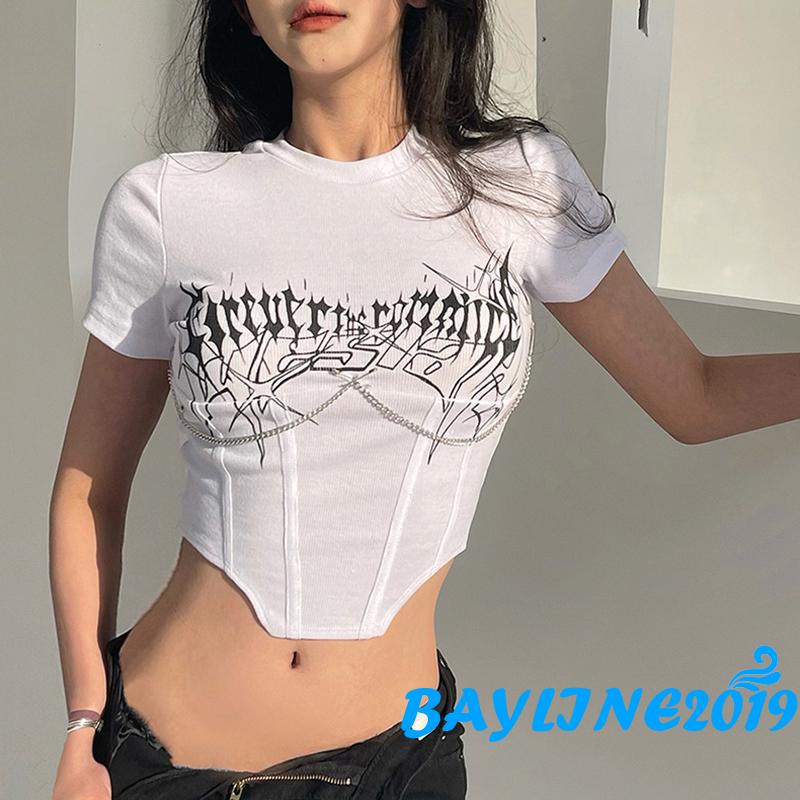 Áo Thun Ngắn Tay Cổ Tròn Ôm Dáng In Chữ Phối Dây Xích Kim Loại Cho Nữ