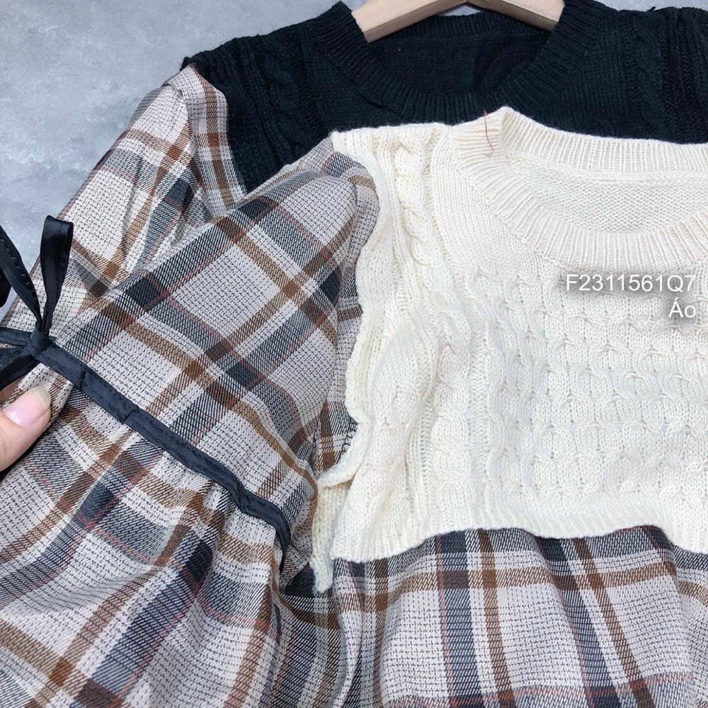 Áo babydoll họa tiết caro phối len form rộng tay dài thắt nơ! | BigBuy360 - bigbuy360.vn