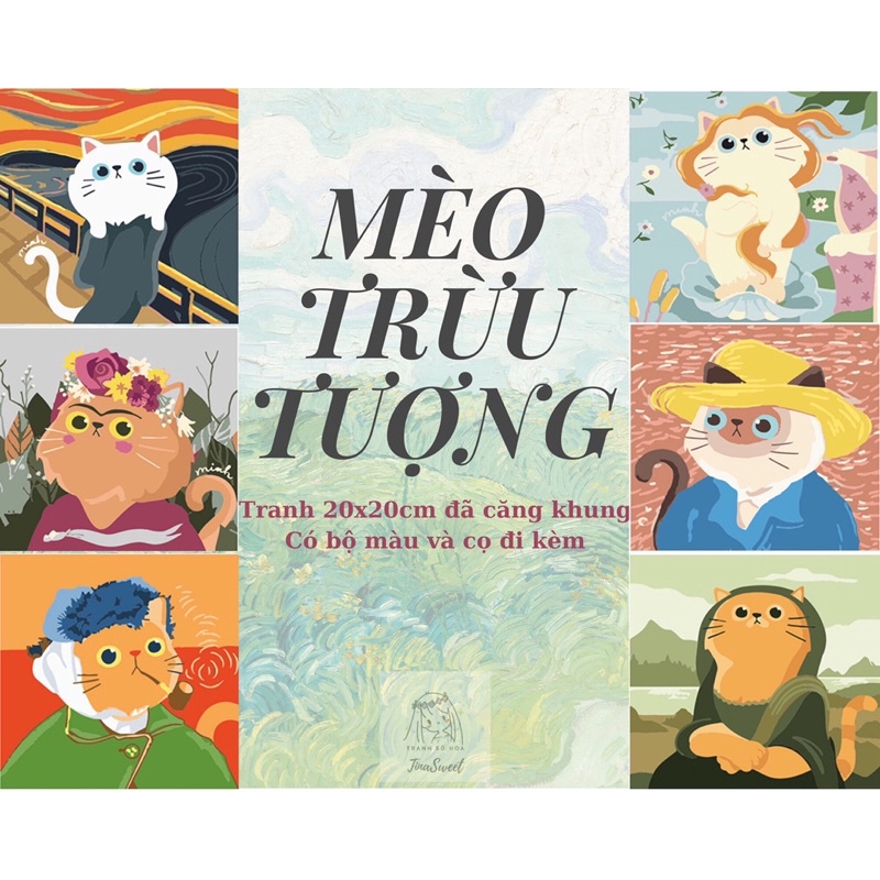 Tranh tô màu theo số TinaSweet 🌈 Size mini 20x20cm 🌈 Mẫu Mèo Trừu Tượng 🌈 Decor đơn giản