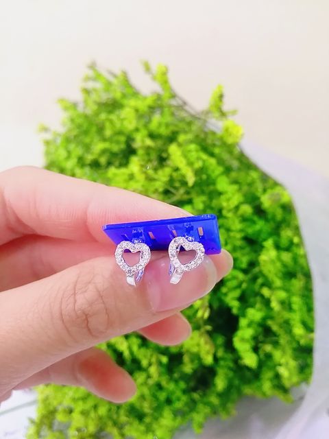 Bông tai bạc bông cài trái tim gắn đá trắng nhỏ Van Jewelry 10700