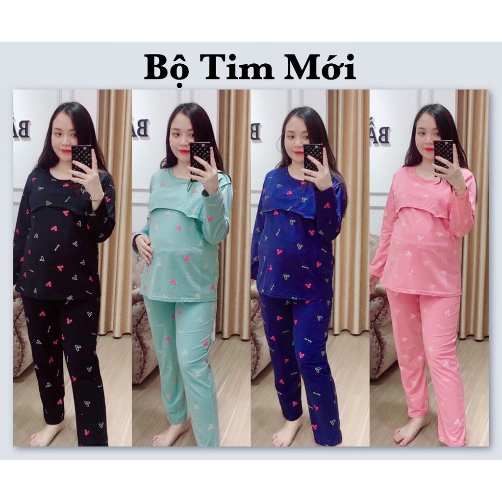 Bộ bầu và bộ sau sinh vén ngực cho con bú, Mẫu TIM MỚI chất cotton mềm mịn cho mẹ bầu mặc nhà