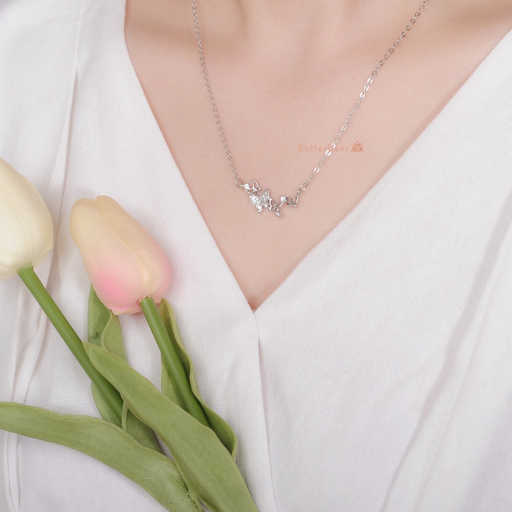 Dây Chuyền Bạc Nữ Thời Trang Đính Đá Hình Đàn Bướm Mùa Xuân S006- Trang Sức Bạc ButterBear Jewellery.