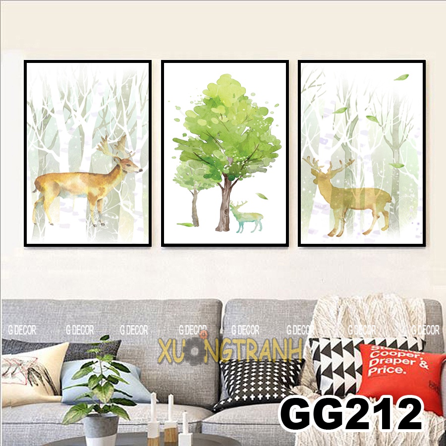 Tranh treo tường canvas 3 bức phong cách Bắc Âu 11, tranh hươu tài lộc trang trí phòng khách, phòng ngủ, phòng ăn, spa