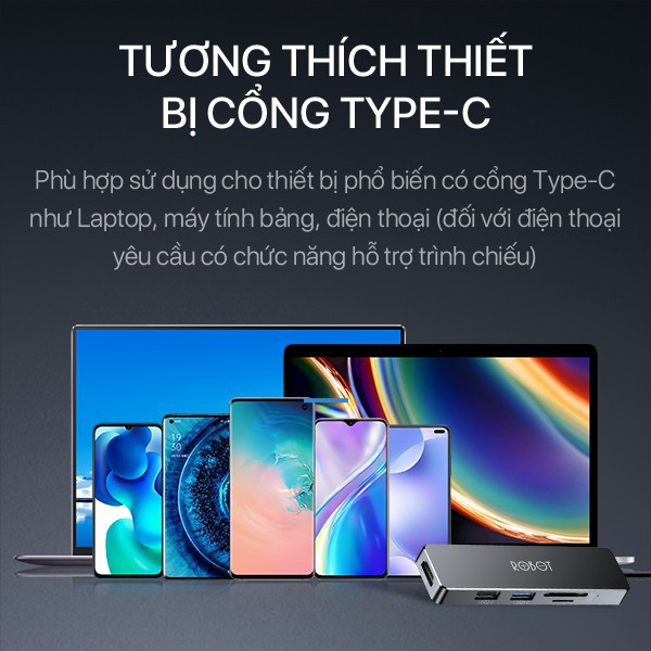 HUB USB-C Chuyển Đổi Đa Năng 5 In 1 ROBOT HT240S Type-C Cổng Kết Nối USB 3.0/HDMI/PD/SD/TF | BigBuy360 - bigbuy360.vn