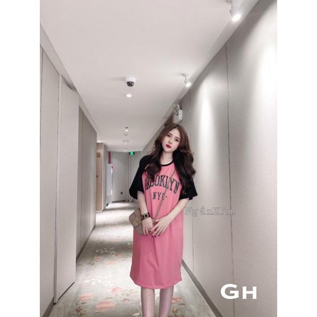 Đầm Dáng Suông Váy Dáng Dài Tay Lỡ Tay Phối Viền Đen Họa Tiết Chữ NYC Chất Thun Cotton Hàng VNXK | BigBuy360 - bigbuy360.vn