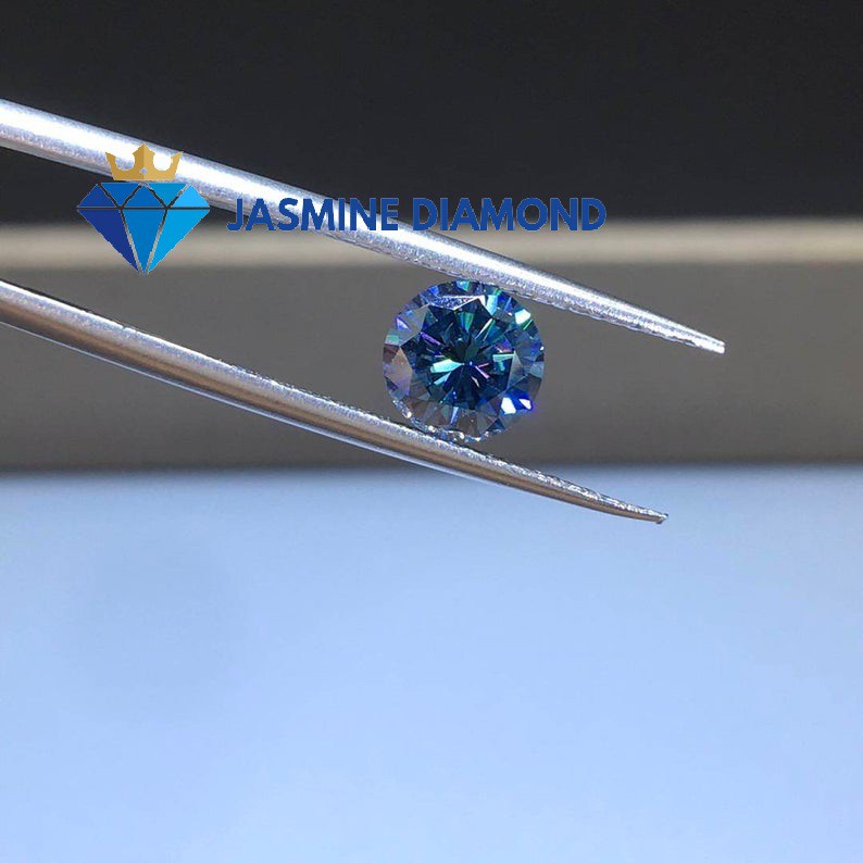 (Size từ 8-10.5 ly) Kim cương nhân tạo Mỹ Moissanite giác cắt tròn màu xanh dương