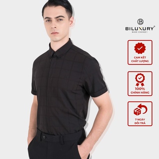 Áo sơ mi nam ngắn tay Biluxury hoạ tiết caro chìm lịch lãm công sở vải siêu mịn thoáng mát 4SMCC002DEN