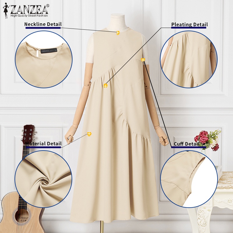 Đầm sát nách ZANZEA cổ tròn không túi thời trang Hàn Quốc cho nữ