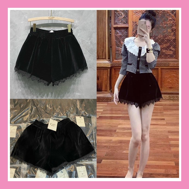 Quần short đùi nhung nữ đen kiểu cạp cao chun to bản phối ren dáng bồng tiểu thư hack dáng CÓ QUẦN BẢO HỘ QS05