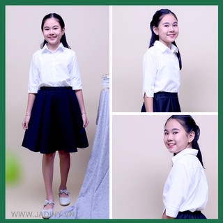 Áo sơ mi học nữ bèo ngực, tay lỡ, nắp túi, đồng phục học sinh cấp 1, cấp 2, đồ đi học xinh- đẹ - rẻ cho bé gái JADINY