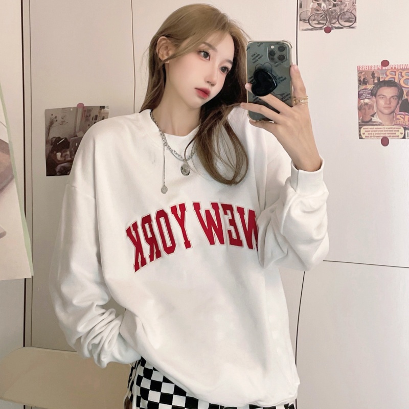 SUXI Áo sweater cổ tròn thêu chữ phong cách mùa thu mới cho nữ