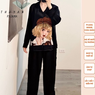 Bộ Pyjama bigsize mũ nâu tay dài mặc nhà giá rẻ chất lụa Mango ko nhăn dành cho nữ, mẹ bầu 60 -90kg