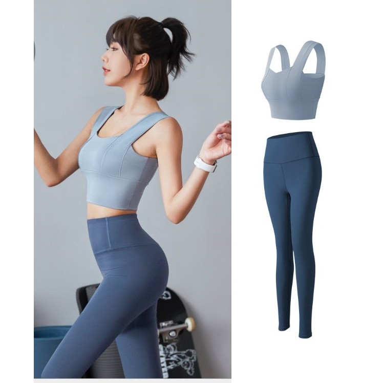 Set quần áo tập gym yoga, bộ đồ tập gym nữ, quần dài ôm body, áo bra dây to có mút đệm