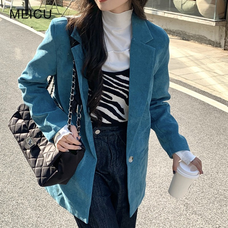 (Hàng Đẹp)Ảnh thật 4 hình cuối-2W45.Áo blazer nhung thu đông màu xanh dương sang chảnh | BigBuy360 - bigbuy360.vn