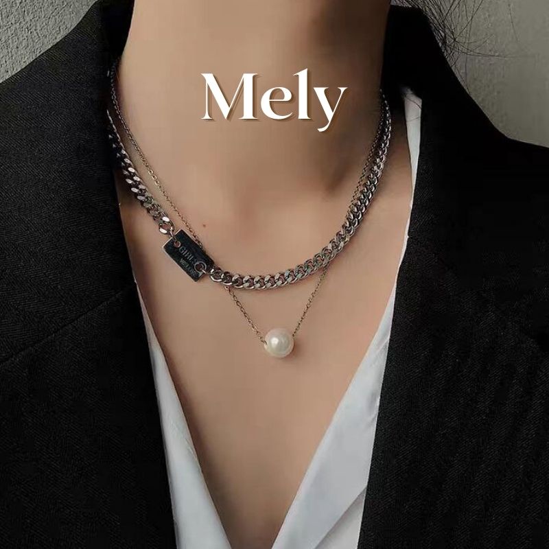 [KHÔNG ĐEN GỈ] Dây chuyền titan, vòng cổ unisex mắt xích sợi đôi phối ngọc trai nhân tạo Mely CT10