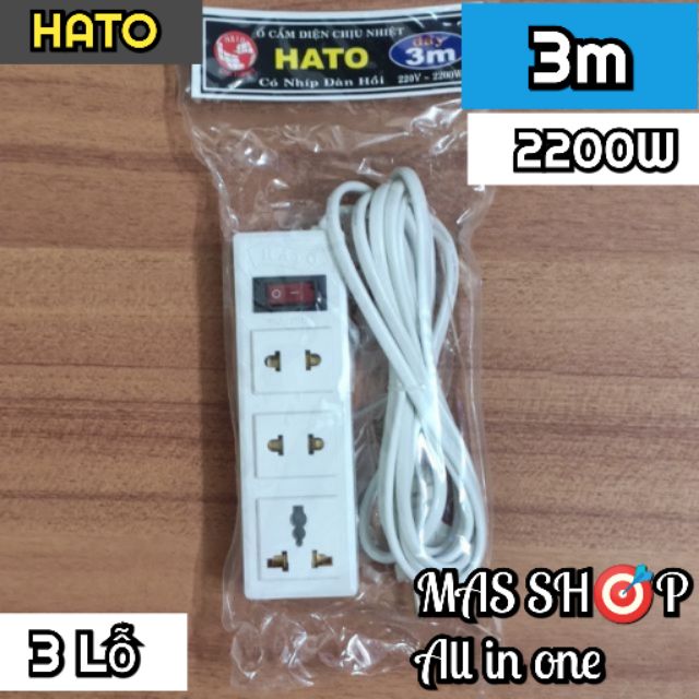 Ổ cắm điện 3 lỗ HATO chịu nhiệt, dây 3M, công suất 2200W