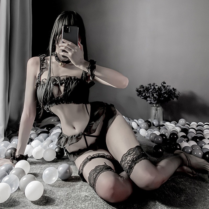 Đồ ngủ sexy ba mảnh bé mèo hở ngực đầy đủ phụ kiện 1558