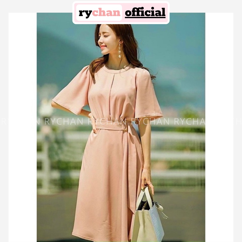 Đầm Váy Nữ Công Sở Cổ Trụ Kèm Belt Tay Ngắn Cổ Tròn Thanh Lịch Màu Kem - DX9768