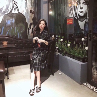 Đầm sơ mi caro form dài