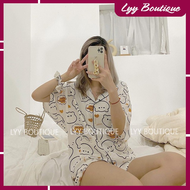 Bộ Đồ Ngủ Set Pijama Nhiều Hình Bò Sữa Chất Lụa Mango Không Nhăn Kèm Scrunchies Freesize Lyy Boutique