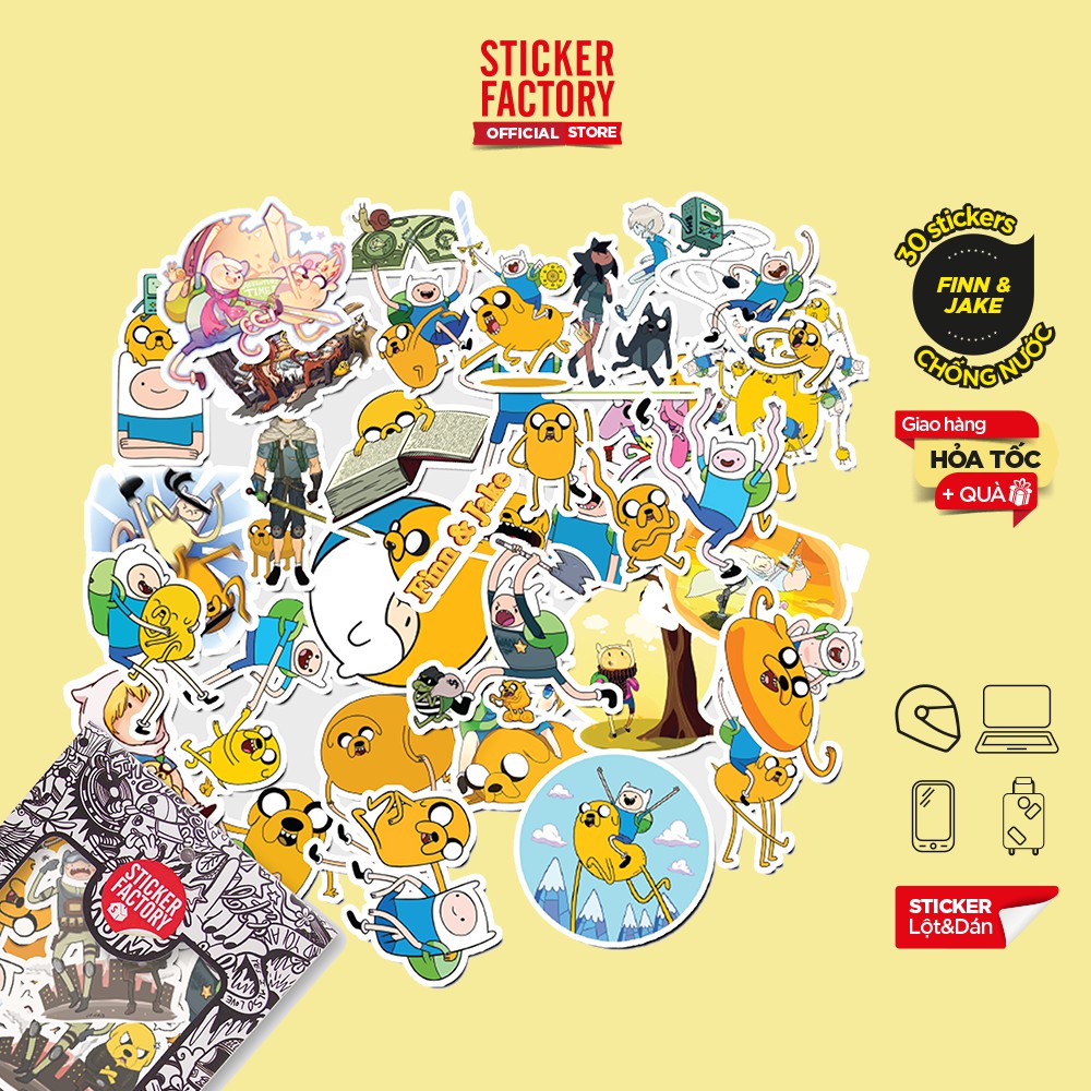 Hộp set 30 sticker decal hình dán trang trí nón bảo hiểm , laptop, xe máy, ô tô - STICKER FACTORY - Finn and Jake