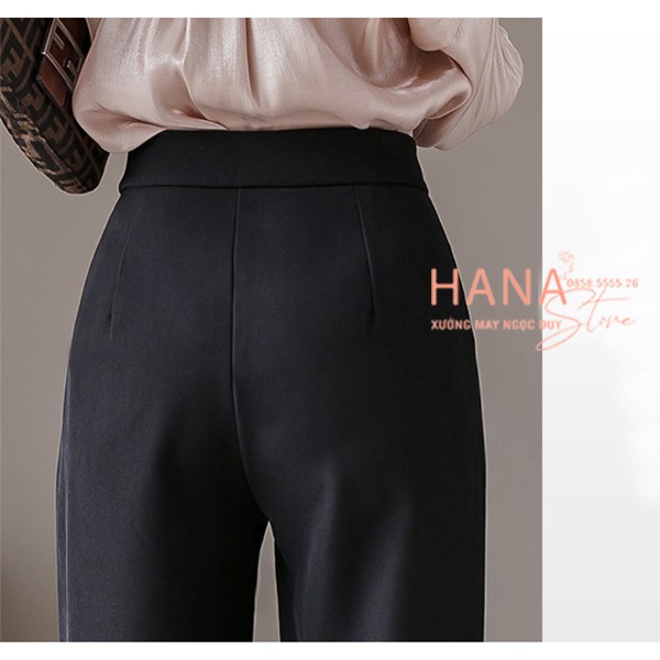 Quần tây nữ công sở dài 95cm có đai khóa 2 cúc khuy bấm - Dáng quần baggy công sở Đen - Vải dày Vitex - Học sinh đi học