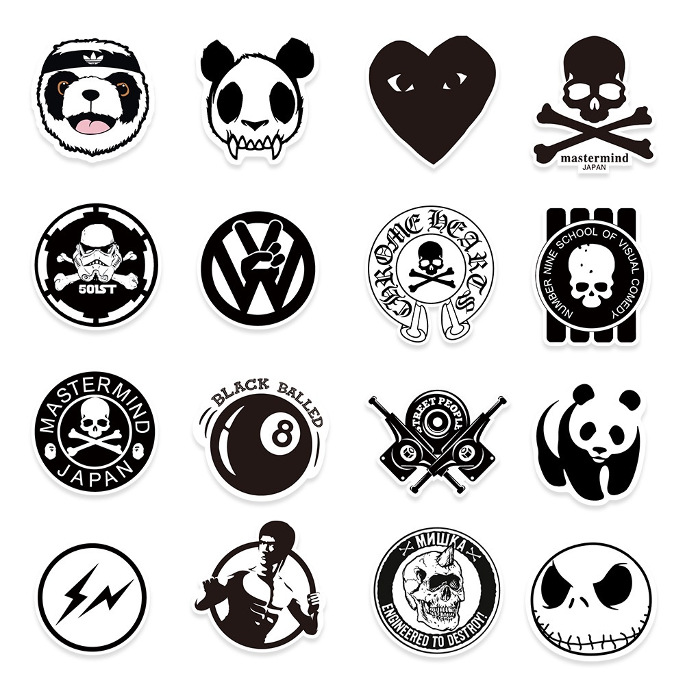 Set 100/50 miếng dán trắng đen chống thấm nước trang trí xe đạp/laptop/guitar/ván trượt