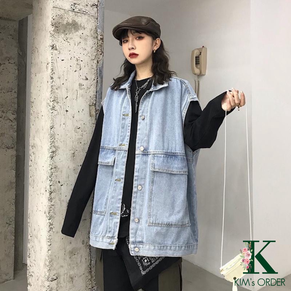 Áo khoác nữ jean màu xanh đen sát nách phom rộng nam nữ Unisex phong cách bụi bặm cực chất Ulzzang Hàn Quốc
