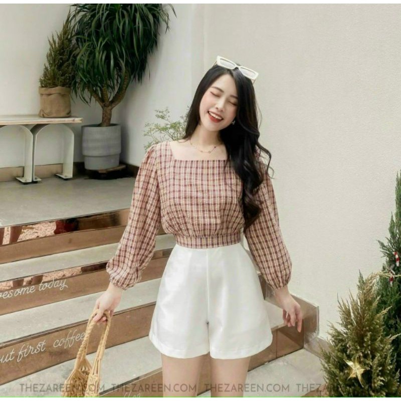 set áo caro nơ sau + quần sọt