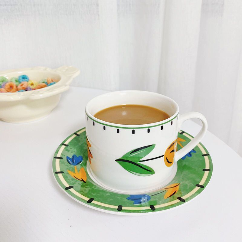 Bộ cốc và đĩa đựng cà phê bằng gốm sứ hình hoa Tulip phong cách Hàn Quốc