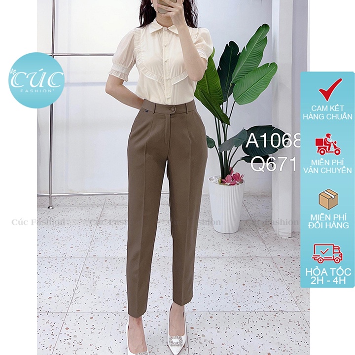 Quần baggy nữ CÚC FASHION begy lưng cạp cao vải tây from âu dáng dài đẹp bigsize công sở đen đi học cúc bọc cơ bản Q671