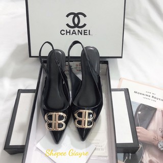 Sandal mũi nhọn da bóng khóa BB gót 1cm ( loại 1 )